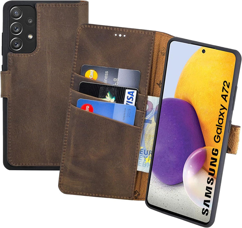 Suncase Book-Style Hülle kompatibel mit Samsung Galaxy A72 Leder Tasche (Slim-Fit) Lederhülle Handyt