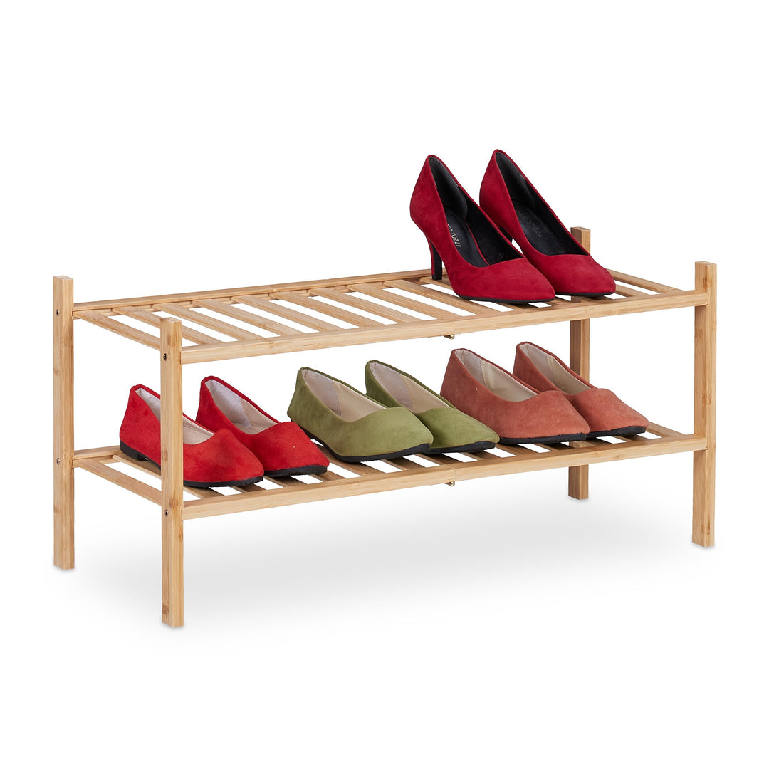 Relaxdays Schuhregal, Bambus, 6 Paar Schuhe, HxBxT: 32 x 68,5 x 28 cm, mit 2 Ablagen, schmal, Schuhs