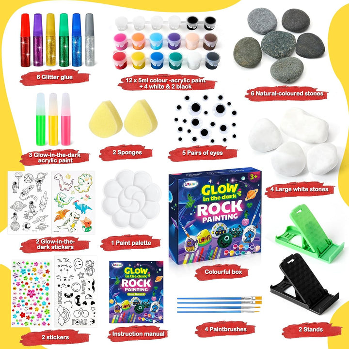 UPDOKIT Steine Bemalen Set Kinder, Bastelset Kinder ab 6 7 8 9 10 Jahre mit Leuchtfarbe &amp; Aufklebern