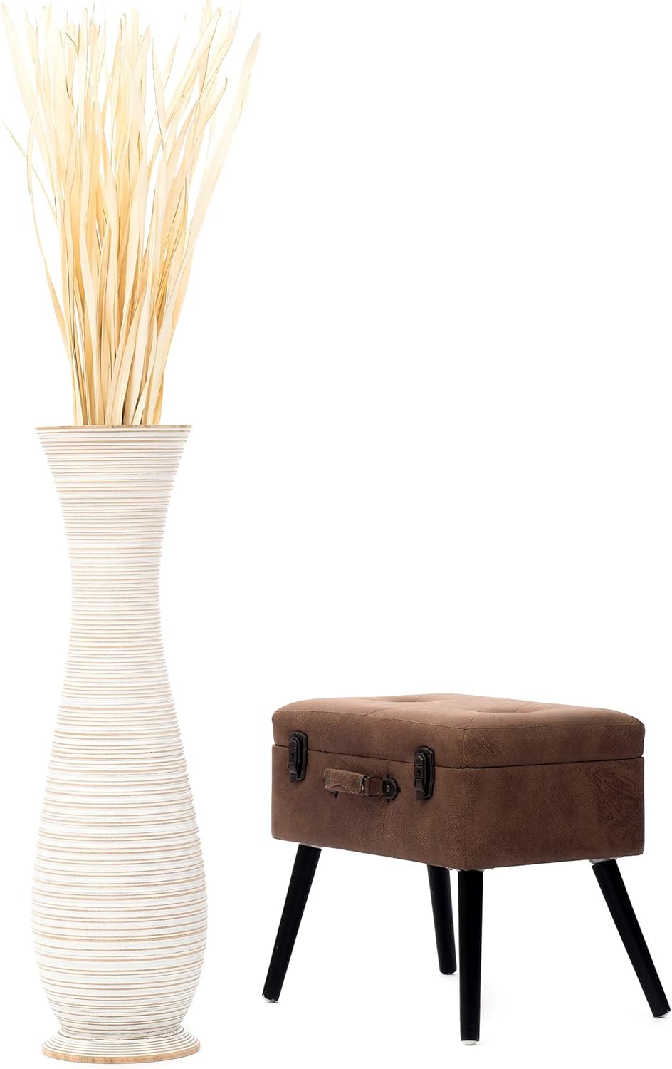 Leewadee Grosse Bodenvase für Dekozweige hohe Standvase Design Holzvase, Holz, 90 cm, White wash 90
