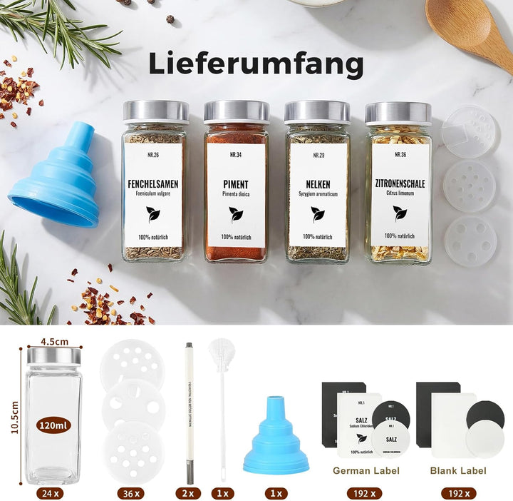 24pcs Gewürzgläser Eckig mit Edelstahldeckel, 120ml Glasbehälter mit Streueinsatz, Luftdichte Gewürz