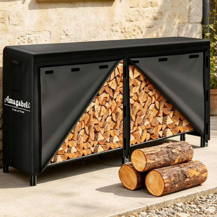 Amagabeli 2,4 m Kaminholzregal mit Abdeckung Kombi-Set Wasserdichter Outdoor-Holzhalter für Kamin Sc