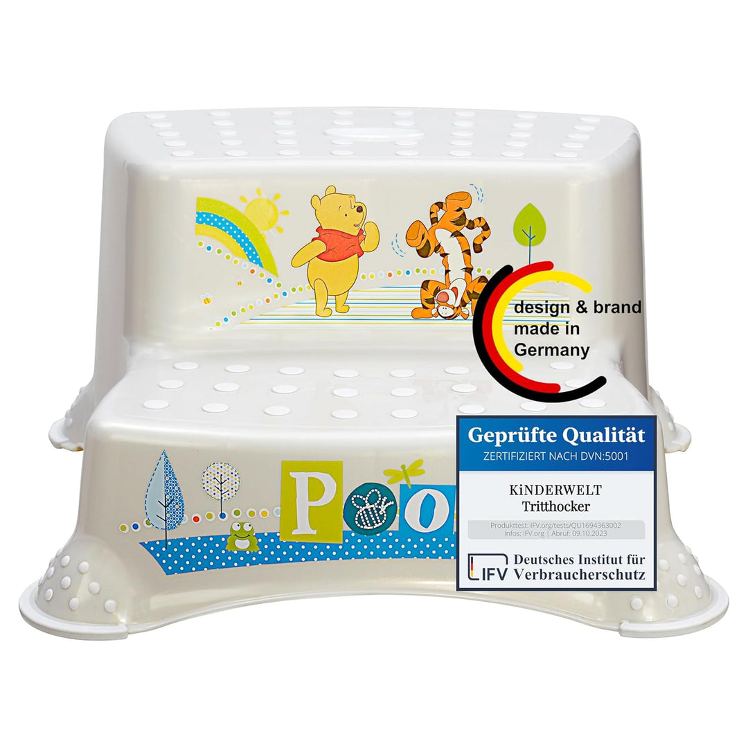 KiNDERWELT Premium zweistufiger Tritthocker für Kinder und Babys, Winnie Puuh Design in Weiss, Tritt