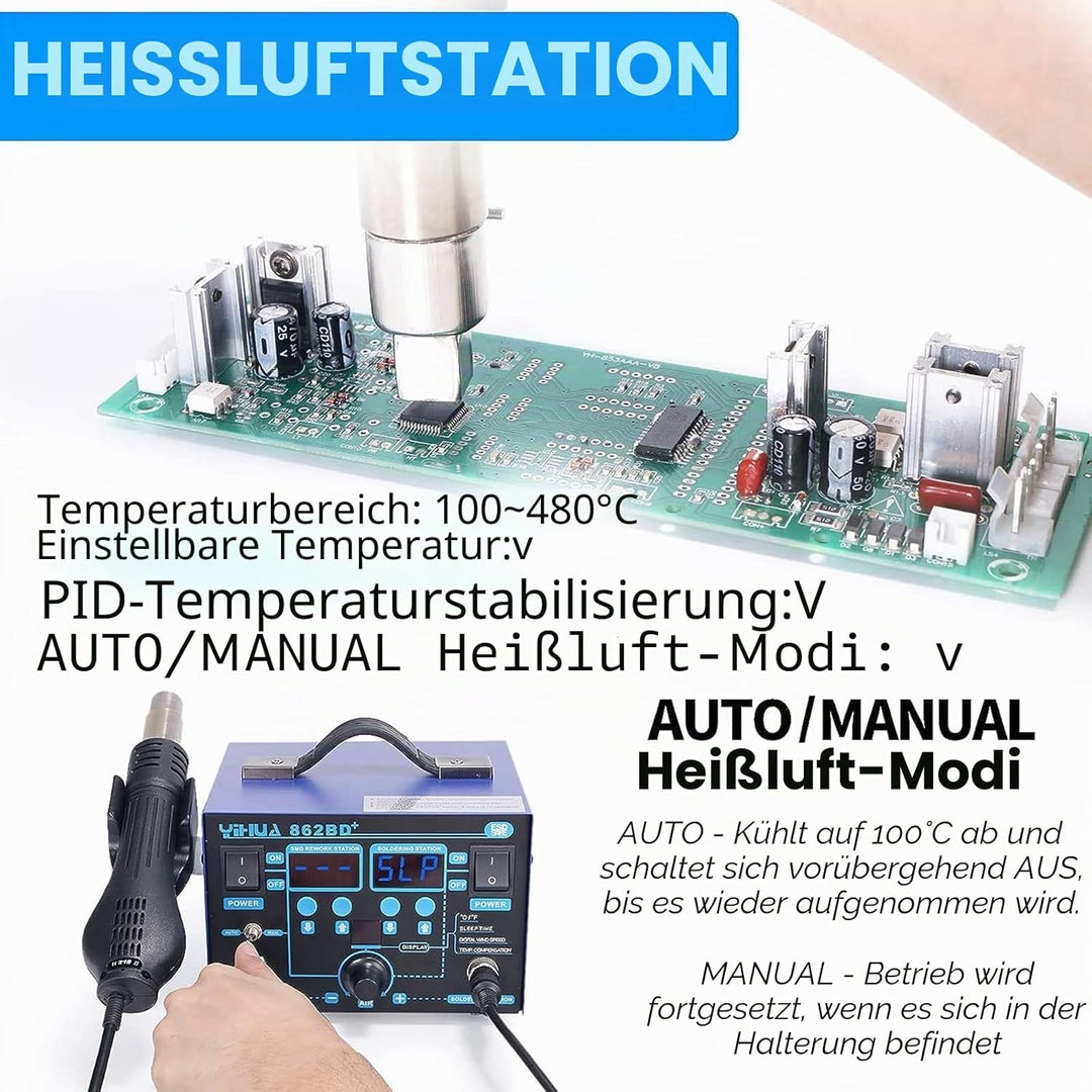 YIHUA 862BD+ SMD-Heissluft-Nachbesserungsstation und Lötstation, 2-in-1 Station mit Temperaturstabil
