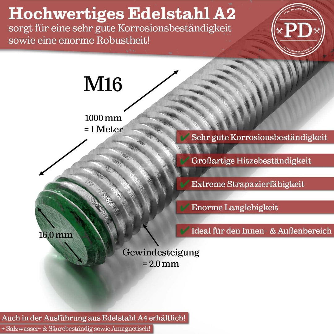 PD® Gewindestangen M16 Edelstahl A2 V2A (DIN 976 / DIN 975) | 1 Meter Gewindestab mit Regelgewinde |