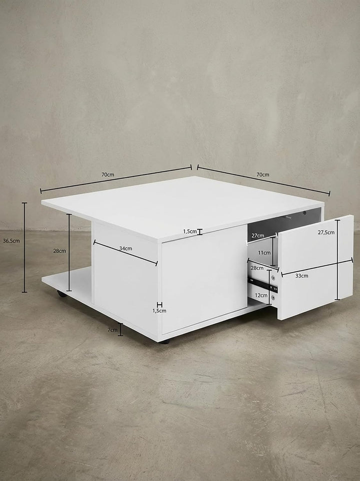 Couchtisch RAPIDO: 70x70x36,5 cm, 2 Schubladen, Rollen, Melaminharzbeschichtung, Weiss/Anthrazit Far