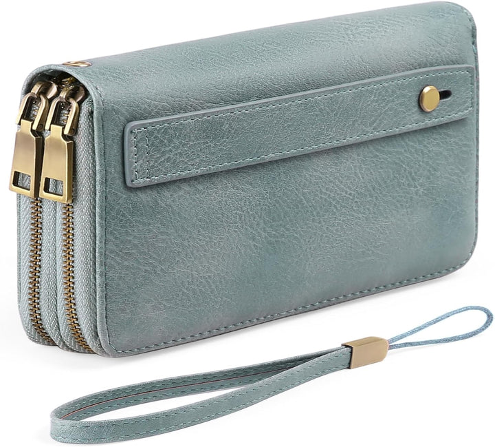 GAEKEAO Geldbörse Damen Gross, Portemonnaie Damen Veganes Leder Doppel Reissverschluss Kreditkartene