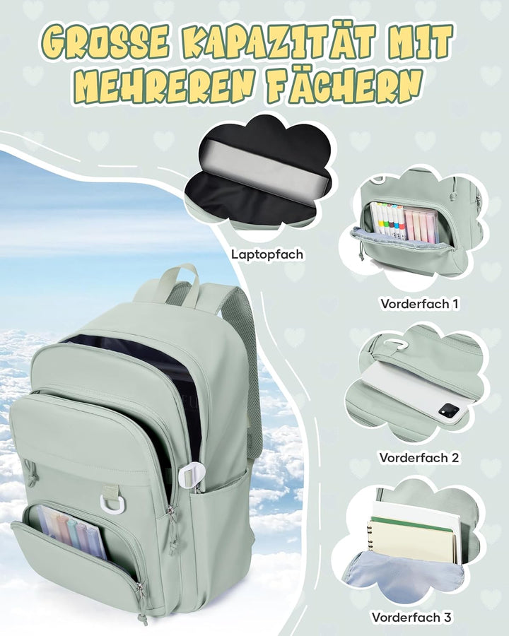Schulrucksack Teenager Damen Herren, Leichter Rucksack Schule Uni mit Vielen Fächern, Wasserdicht Ru