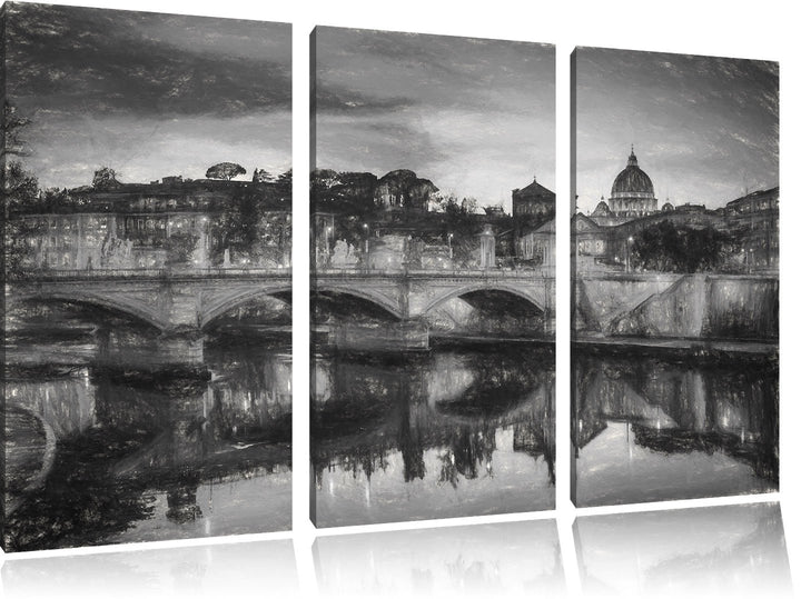 Pixxprint Rom an der Tiber in Richtung Kathedrale St. Peter Kunst Kohle Effekt 3-Teiler Leinwandbild