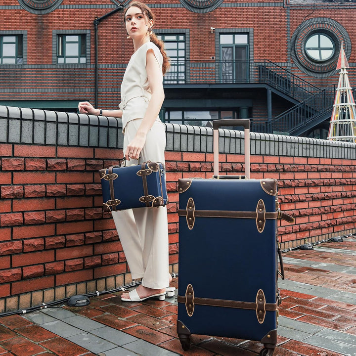 Urecity Koffer Vintage mit 4 Rollen Trolley Koffer Reisekoffer Leicht Retro Hartschalen Koffer 2-Tei