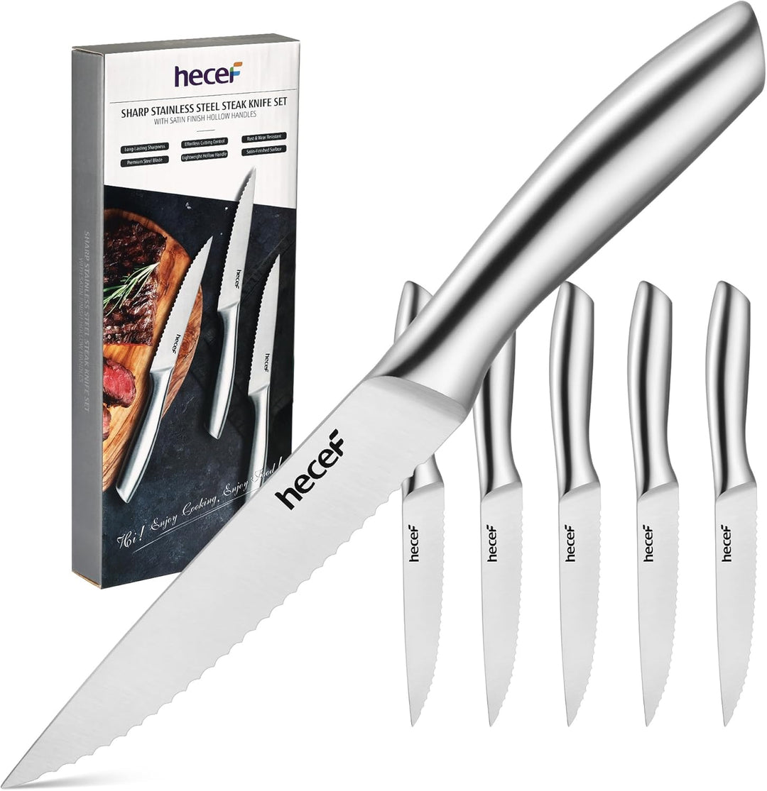 hecef Steakmesser Set 6-teilig, scharfe Tafelmesser mit Wellenschliff und ergonomischem Hohlgriff, k