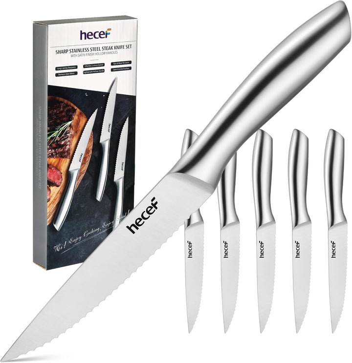 hecef Steakmesser Set 6-teilig, scharfe Tafelmesser mit Wellenschliff und ergonomischem Hohlgriff, k