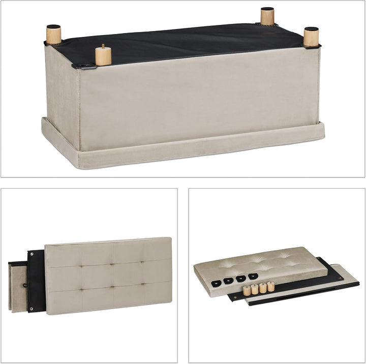 Relaxdays Sitzbank mit Stauraum, Polster, Samtbezug, Holzfüsse, bis 120 kg, faltbar, Sitztruhe HBT: