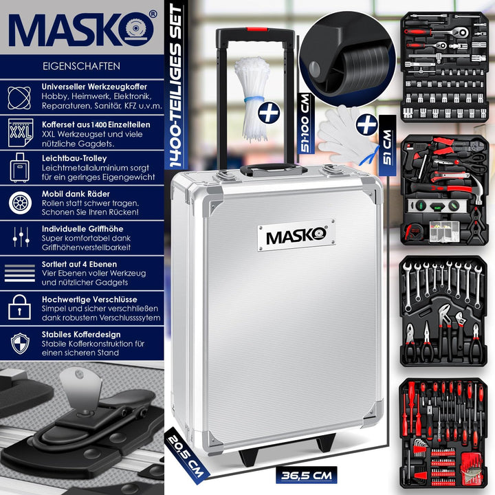 MASKO® Werkzeugkoffer 969-teilig gefüllt | Werkzeugset im Aluminiumkoffer | Werkzeugkasten mit Rolle