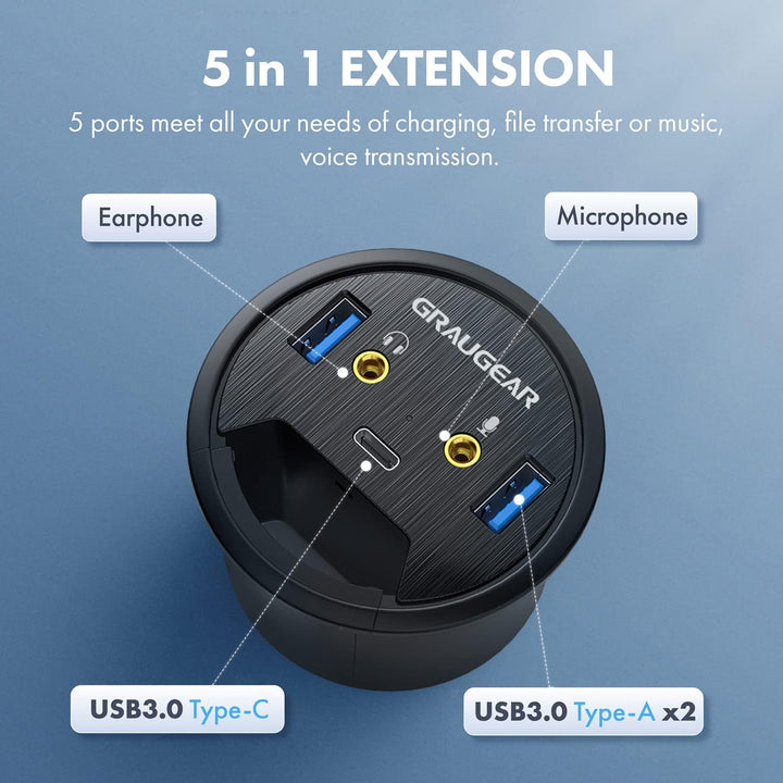 GRAUGEAR Tisch USB HUB mit 1x USB-C und 2X USB-A Anschlüssen, Tisch HUB mit 60mm Durchmesser, USB 3.