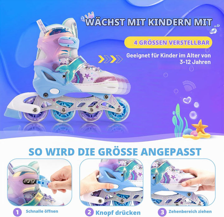 NEMONE Inliner für Mädchen Kinder 4 Grössen Verstellbar Blau Violett Inliner für Kinder Drinnen Drau