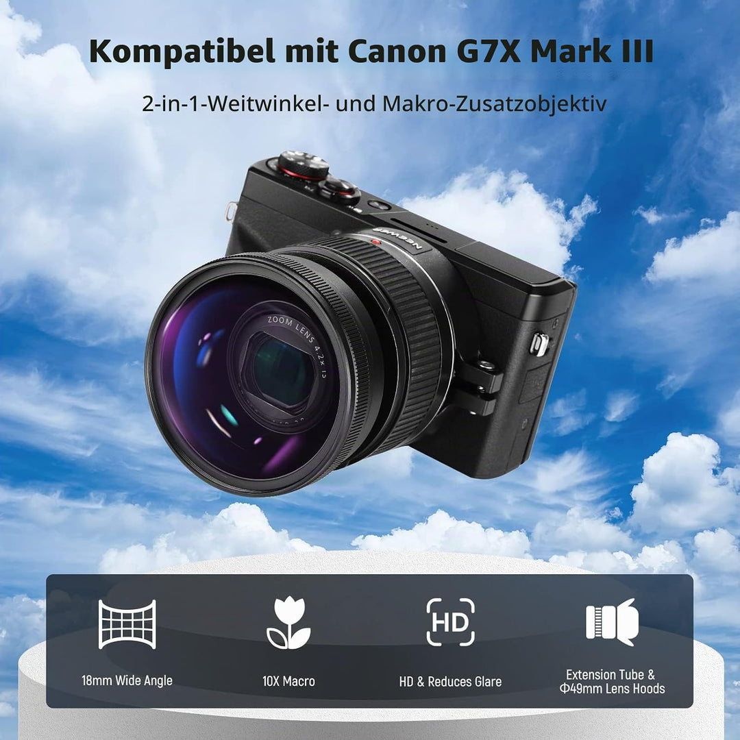 NEEWER Weitwinkelobjektiv kompatibel mit Canon G7X Mark III Kamera, 2 in 1 18mm Weitwinkel &amp; 10x Mak