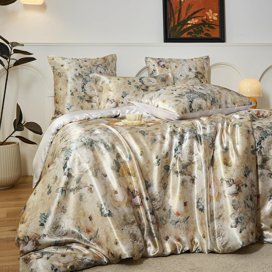 Satin Bettwäsche 135x200 4teilig Beige Blumen Motive Satin Bettwäsche Glänzend Glatt Deluxe Bettbezu