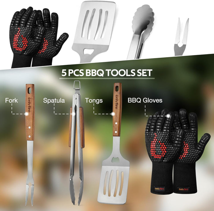 onlyfire BBQ Grillbesteck Set, Enthält Grillzange, Grillwender, Fleischgabel und Grillhandschuhe, Ed