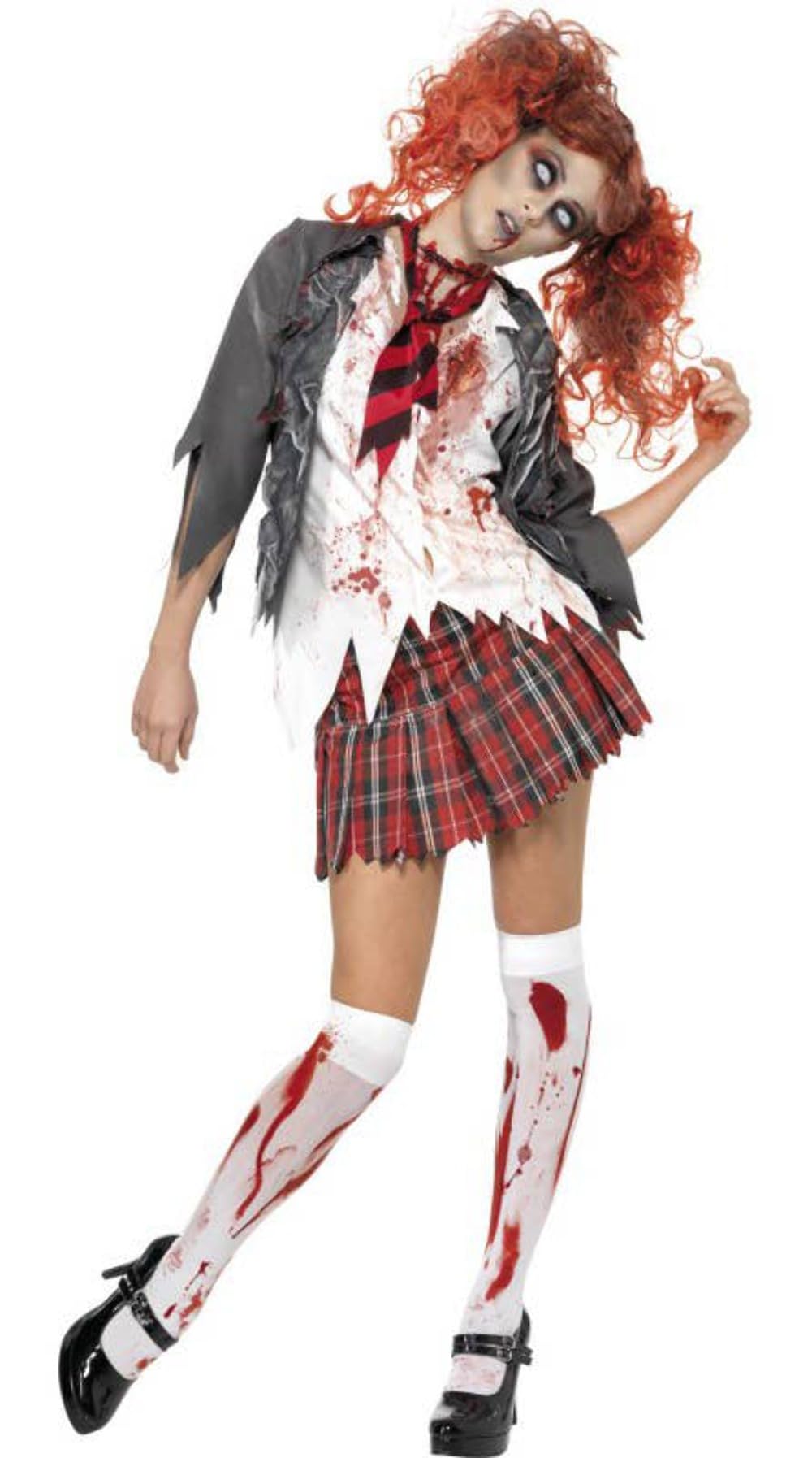 Generique - Zombie-Schülerin-Damenkostüm High School Halloweenkostüm rot-Weiss-grau - S