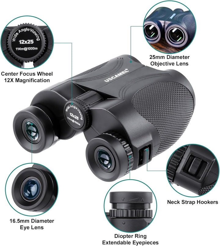 USCAMEL 12x25 Kompaktes Kleines Fernglas für Erwachsene Kinder mit 16.5 mm Okularen, BAK-4 Prisma, W