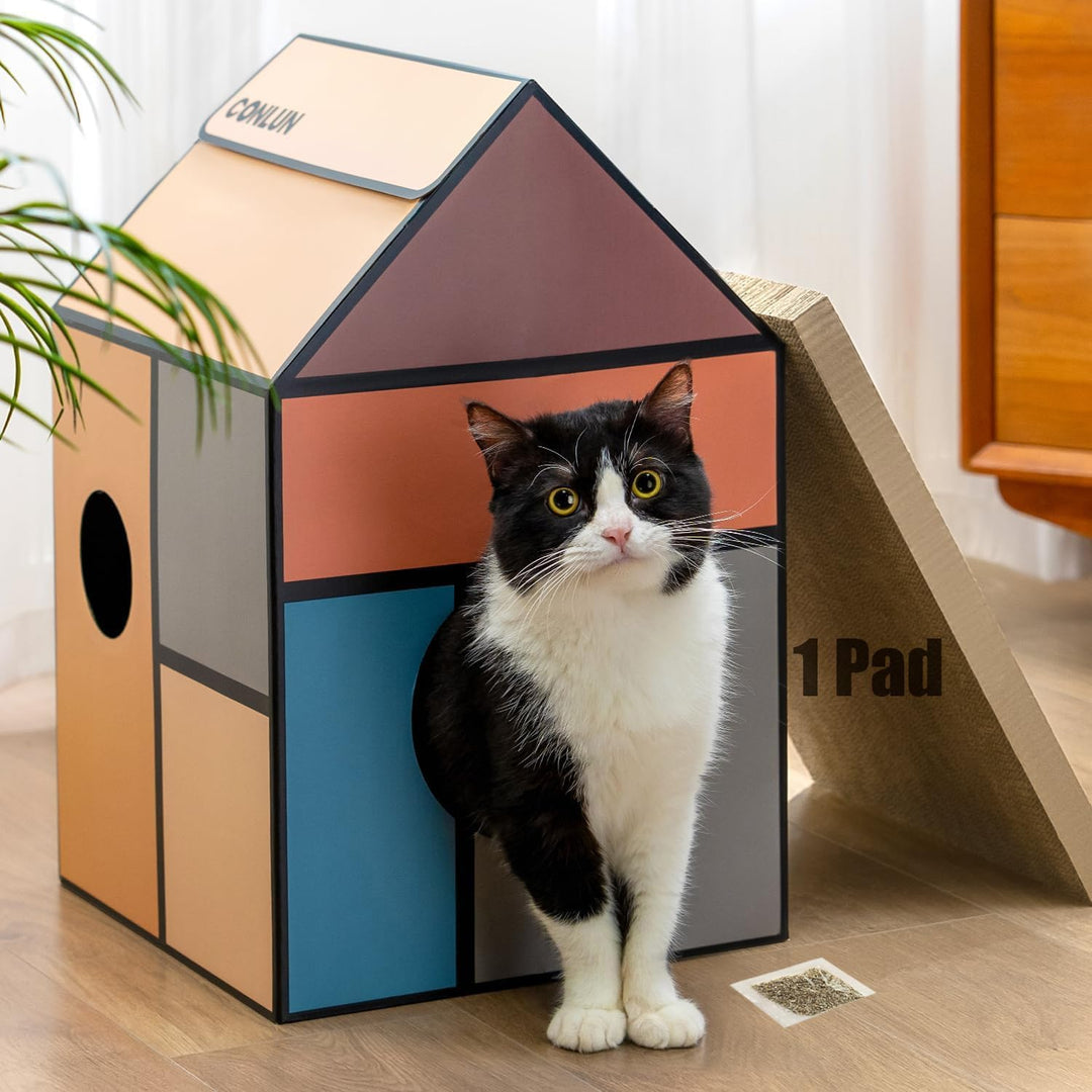 Conlun Katzenhaus mit Kratzbrett &amp; Katzenminze, Leicht zu Montieren - Kratzhöhle für Wohnungskatzen,
