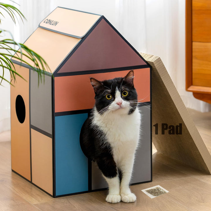Conlun Katzenhaus mit Kratzbrett &amp; Katzenminze, Leicht zu Montieren - Kratzhöhle für Wohnungskatzen,