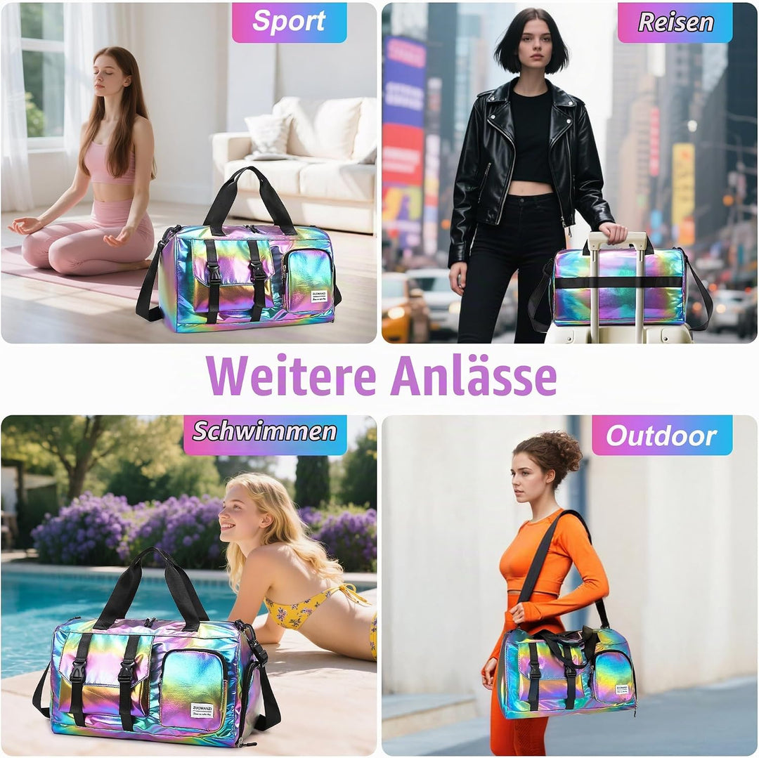 Sporttasche Damen Reisetasche mit Schuhfach und Nassfach, Wasserdicht Schwimmtasche Frauen Glitzer G
