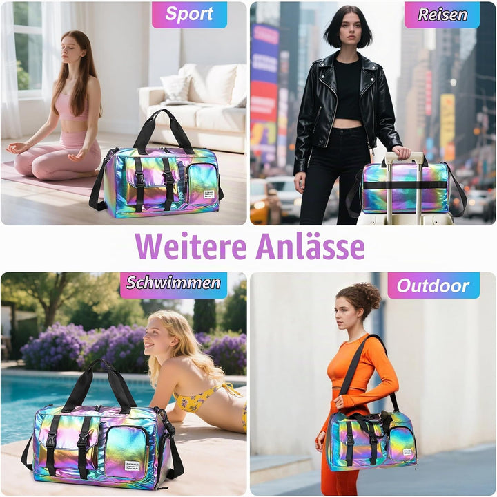 Sporttasche Damen Reisetasche mit Schuhfach und Nassfach, Wasserdicht Schwimmtasche Frauen Glitzer G