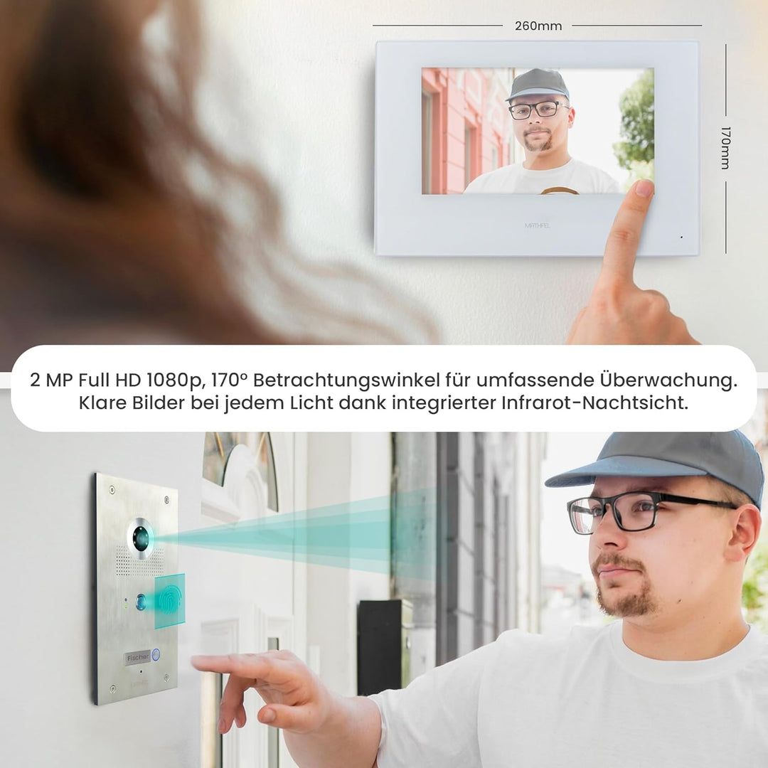 MATHFEL 4 Draht Videotürsprechanlage mit Fingerprint, 170° Weitwinkel-Fischaugen-Kamera in Edelstahl