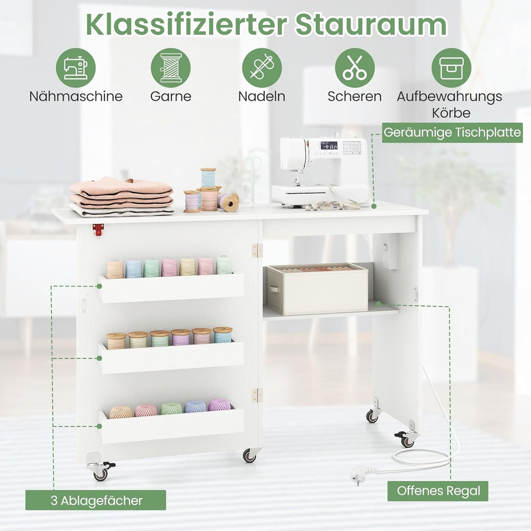 GIANTEX Nähtisch mit Ladestation, Nähmaschinentisch klappbar, Nähschrank mit Rollen, Nähmaschinensch