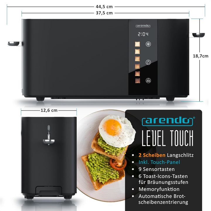 Arendo - Edelstahl Toaster 2 Scheiben Langschlitz - Touchscreen – Doppelwandgehäuse – Integrierter B