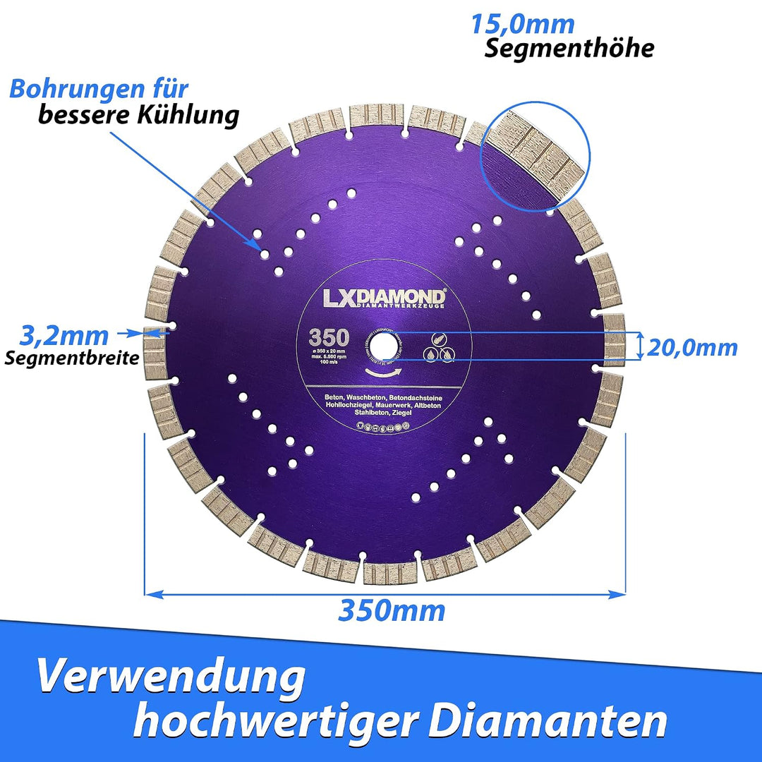 LXDIAMOND Diamant-Trennscheibe 350mm x 20,0mm - Segmente 15mm - passend für Beton Stahlbeton Waschbe