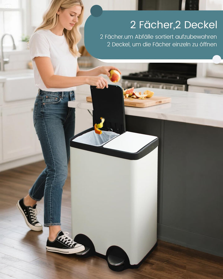 Mülleimer 2 Fächer 60 L,Mülltrennsystem 2x30l,60 Liter Abfalleimer Küche 2 fächer Recycling und Abfa