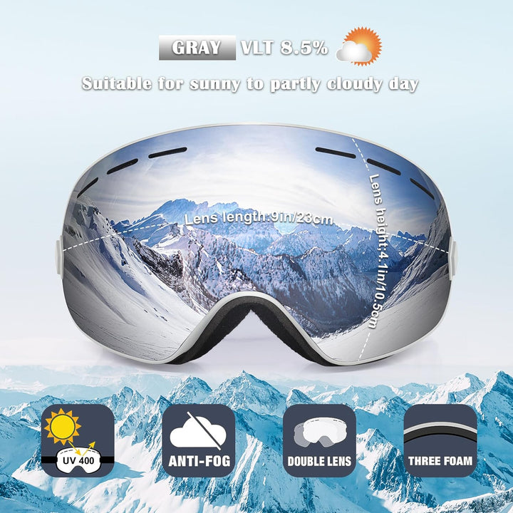 EXP VISION Snowboard Skibrille für Herren Damen Jugend, 100% UV400 Schutz Anti Beschlag über der Bri