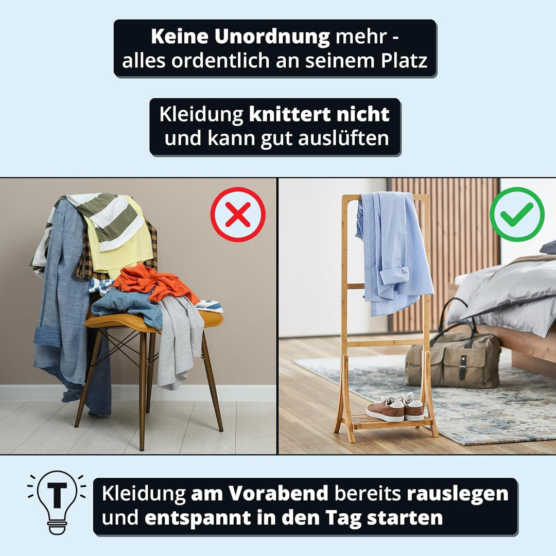 KHG Herrendiener aus Bambus Echtholz für Kleidung, Sackohalter mit Hosenbügel sowie Schuhablage, Stu