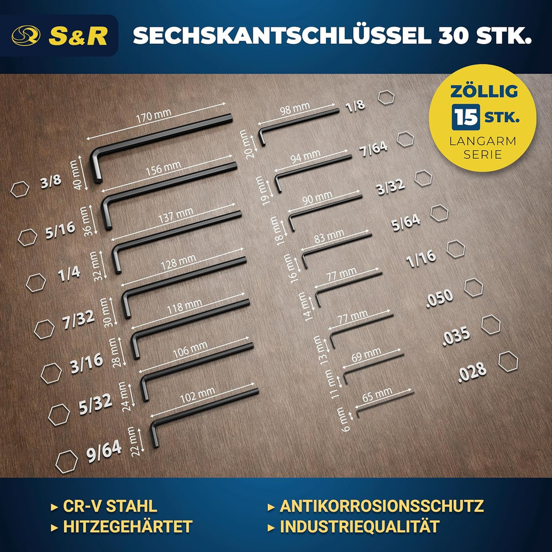 S&amp;R Innensechskantschlüssel Satz HX, 30-tlg. 0,7-10 mm Metrisch und 0,028 bis 3/8 Zoll, speziell geh