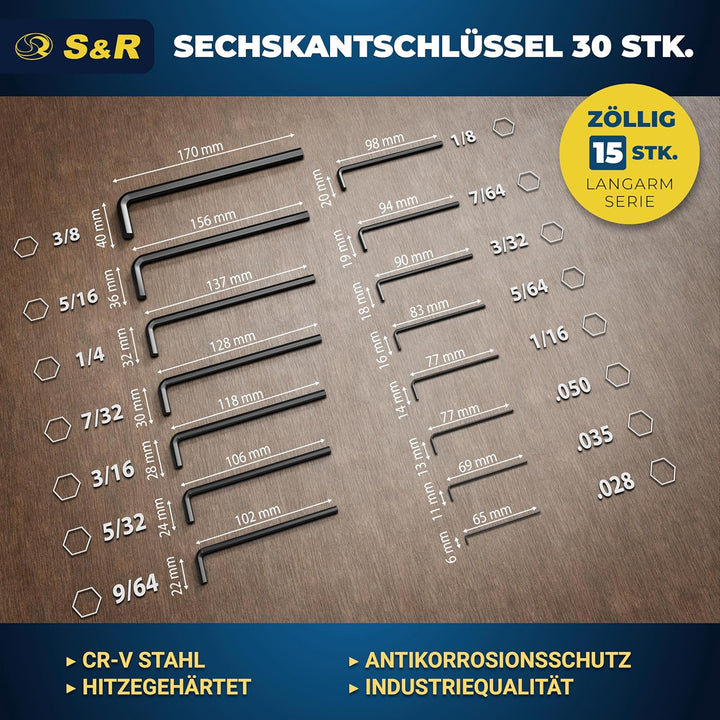 S&amp;R Innensechskantschlüssel Satz HX, 30-tlg. 0,7-10 mm Metrisch und 0,028 bis 3/8 Zoll, speziell geh