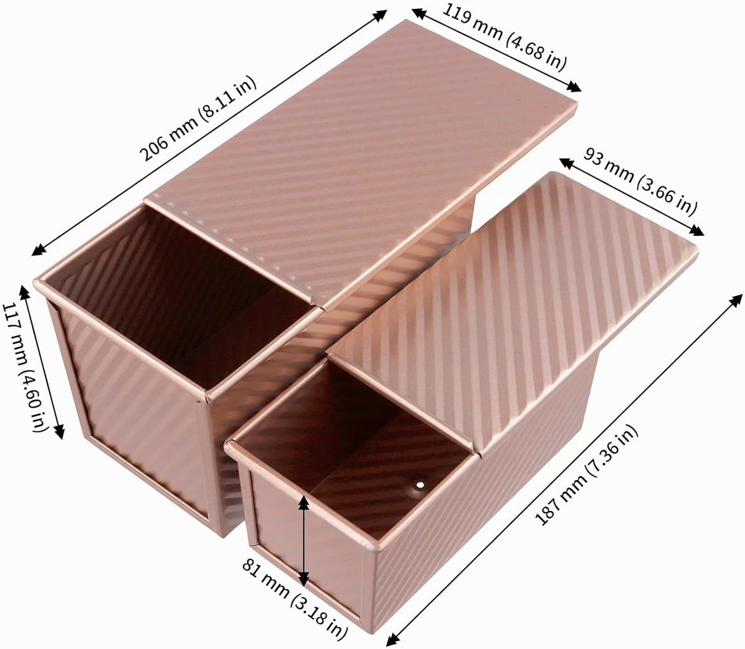 CHUENKUK 3 Stücke 2 Grösse Toastbrot Backform mit Deckel, 20,6 x 11,9cm und 18,7 x 9,3cm Roségold Ka