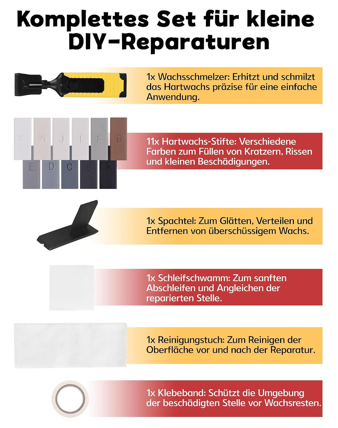 Vinylboden Reparaturset Grau mit 11 Farben Hartwachs und Wachsschmelzer | Laminat Reparaturset Parke