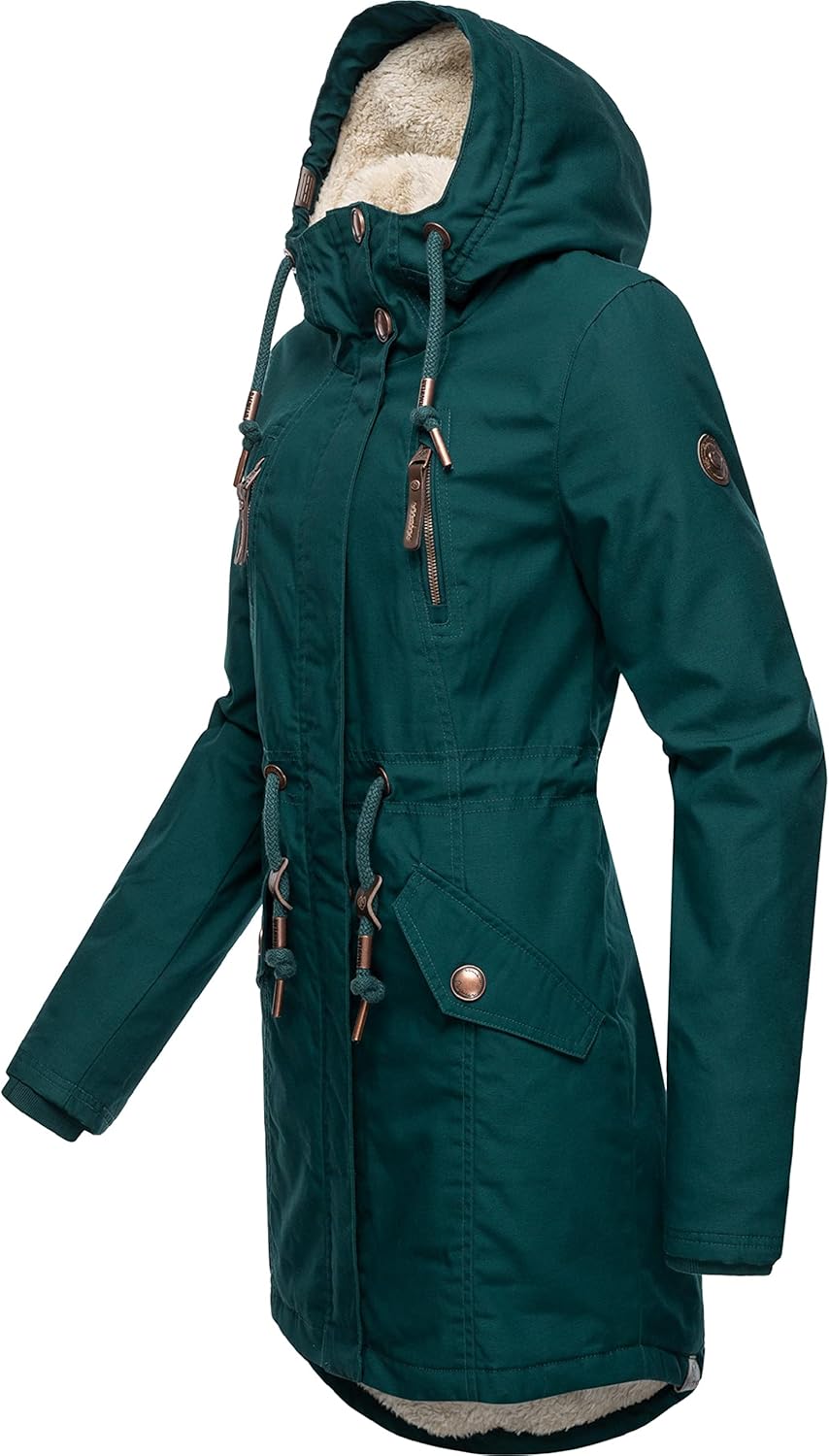 Ragwear Damen Mantel Lange warme Winterjacke mit Teddyfell-Kapuze Elsie Intl XS-5XL S Dark Green22,