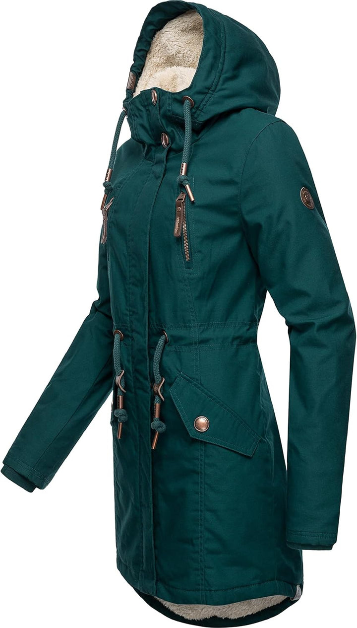 Ragwear Damen Mantel Lange warme Winterjacke mit Teddyfell-Kapuze Elsie Intl XS-5XL S Dark Green22,