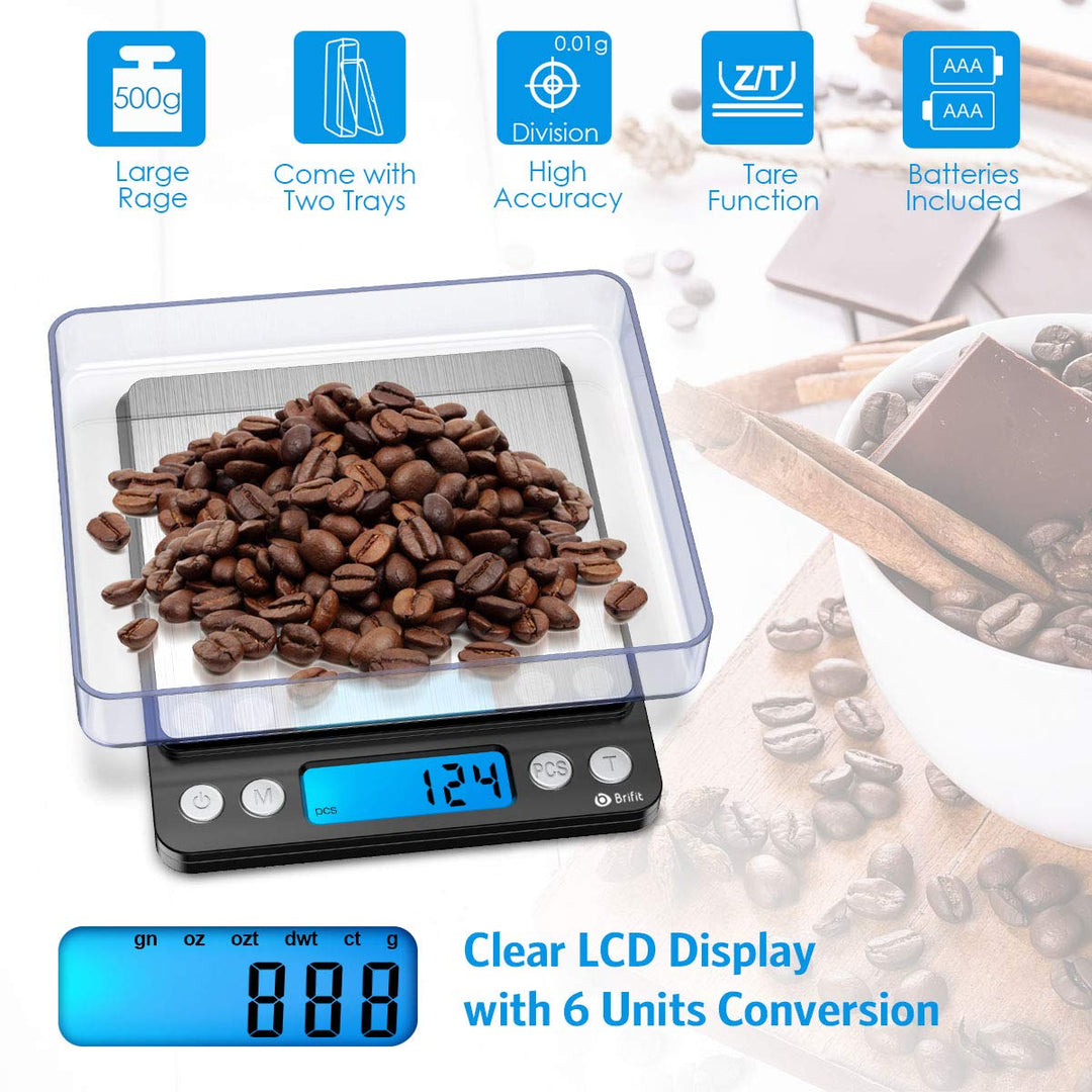 Brifit Feinwaage 0.01g, 500g / 0,01g Digitale Waage, Taschenwaage mit EIN 100g Edelstahl Kalibrierge