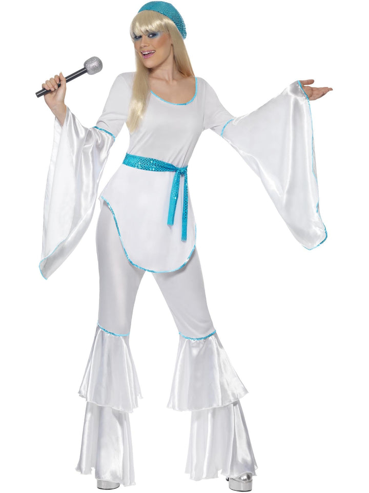 Super Trooper Damenkostüm Weiss mit Oberteil Hose Mütze und Bindegürtel , Large, S