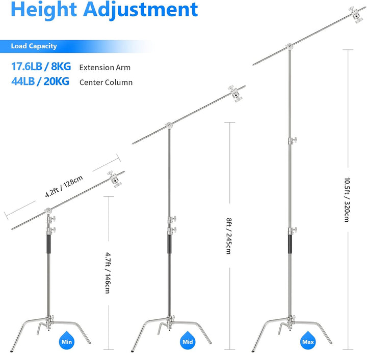 NEEWER Pro Hochleistungs C Ständer aus 100% Edelstahl mit Auslegerarm, maximale Höhe 320cm, Fotograf