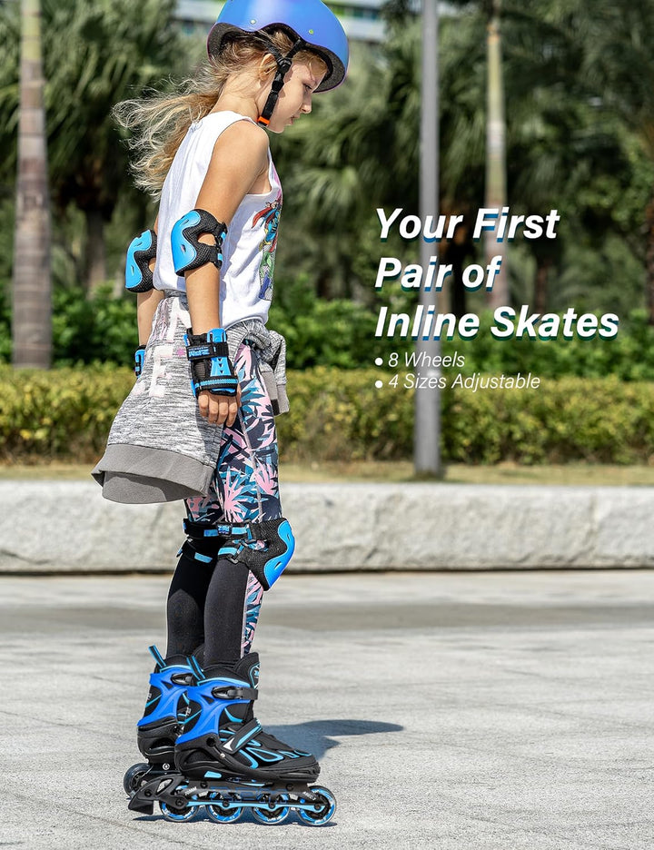 2PM SPORTS Verstellbar Inliner für Kinder, Leucht Inline Skates Rollschuhe für Damen/Herren Blau Med