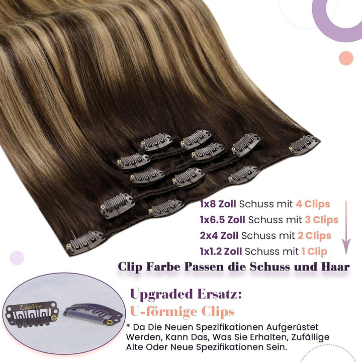LaaVoo Clip in Extensions Echthaar Remy Balayage Haarverlängerung Echthaar Clip 22 55cm Doppelt Tres