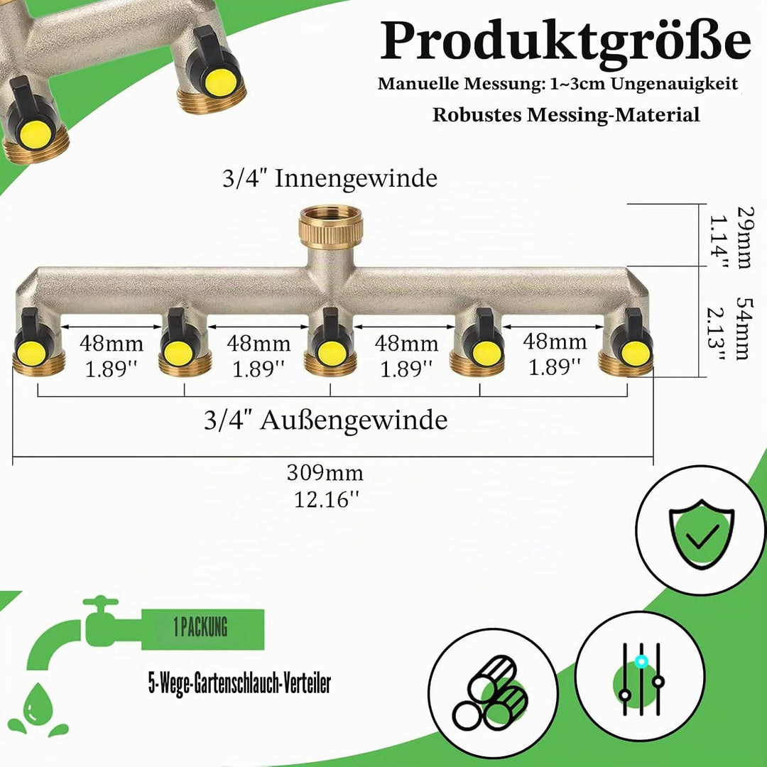 5-Wege-Verteiler Wasser 3/4 Zoll Messing Wasseranschluss Verteiler für 5 Geräte/Gartenschläuche,Schl