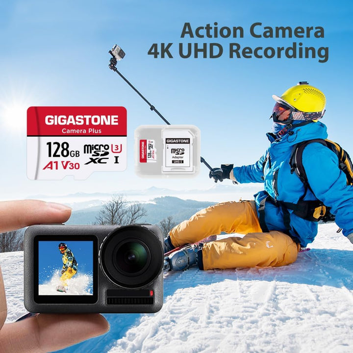 Gigastone Kamera Plus 128GB MicroSDXC Speicherkarte + SD Adapter, für Action-Kamera Drohne und Table
