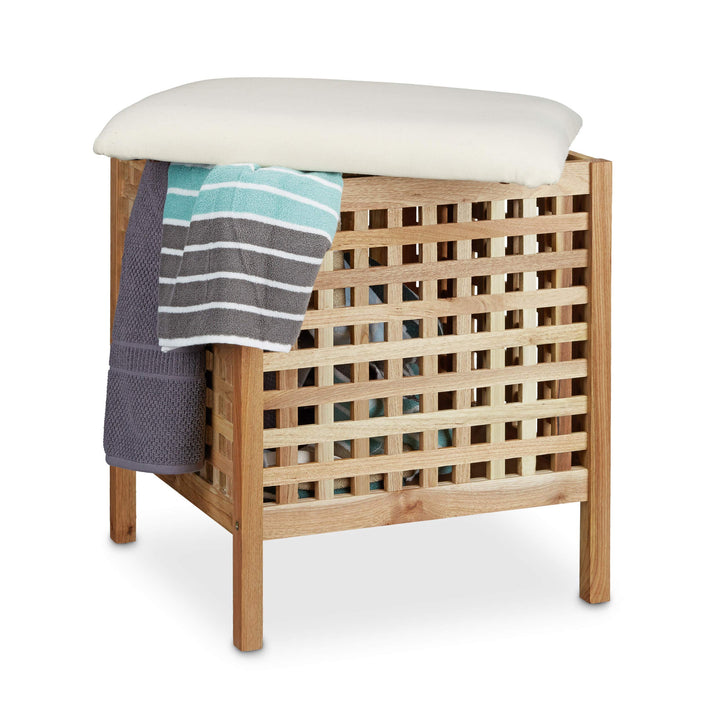 Relaxdays Badhocker Walnuss mit Wäschesammler HBT: 52 x 49 x 49 cm Badhocker mit Sitzkissen aus Lein